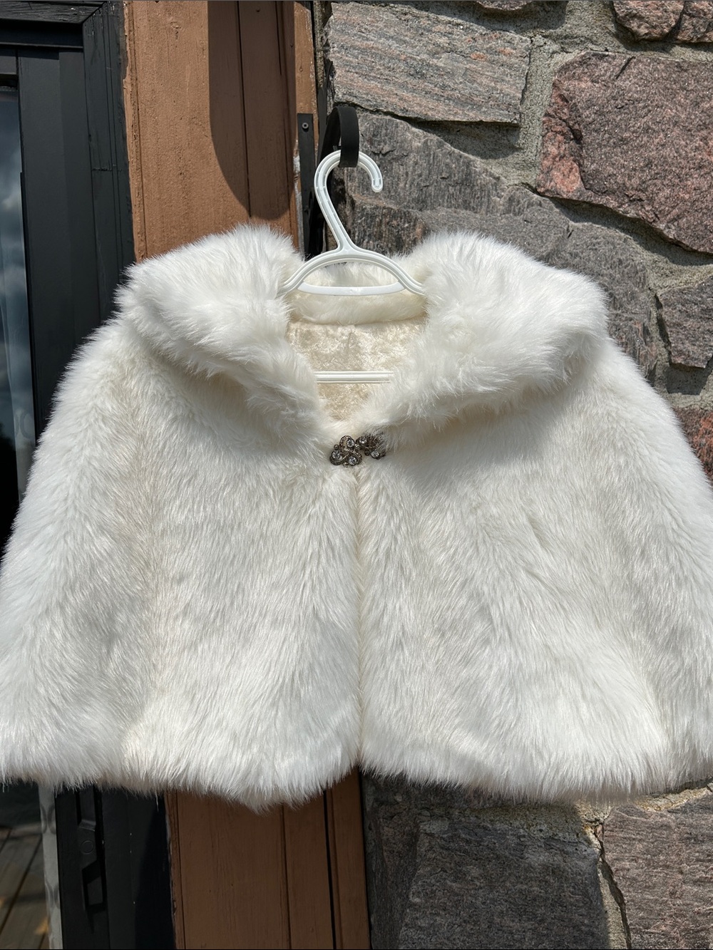 White Faux Fur Girls' Cape Jacket - Elegant Hooded Coat